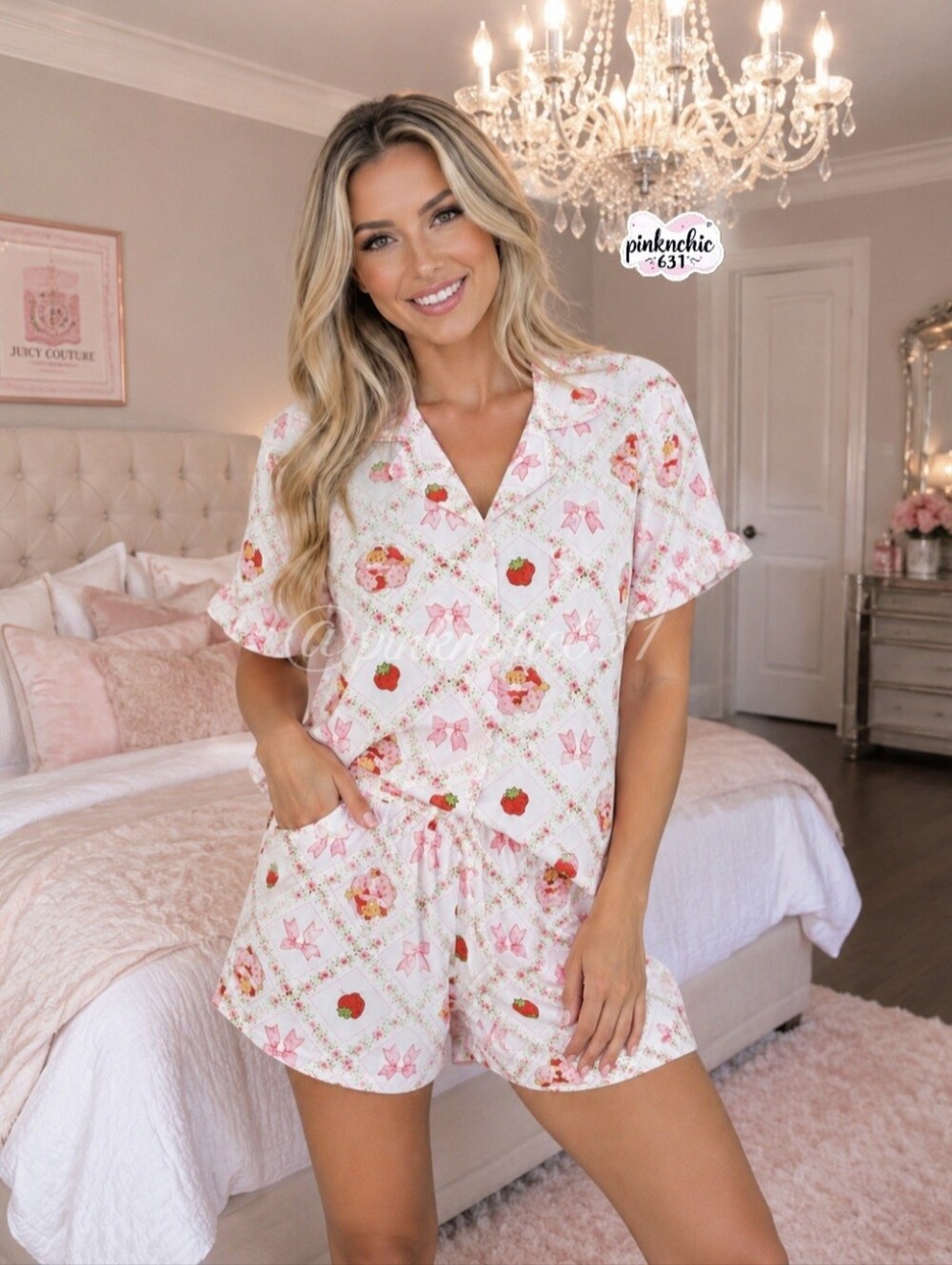 Strawberry Shortcake White Shorts Pajamas Pink Coquette Bow Size Medium - Picture 3 of 7